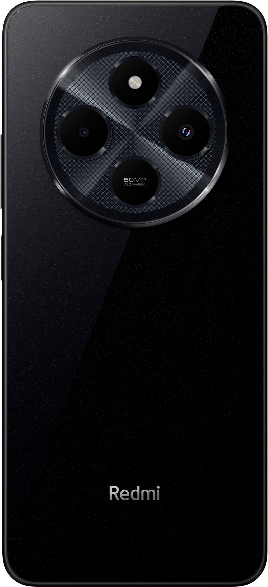 Schwarzes Smartphone mit Kamera-Design und Redmi-Logo auf der Rückseite.