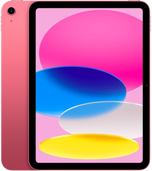 Ein rosa Tablet mit einem bunten Hintergrundbild.