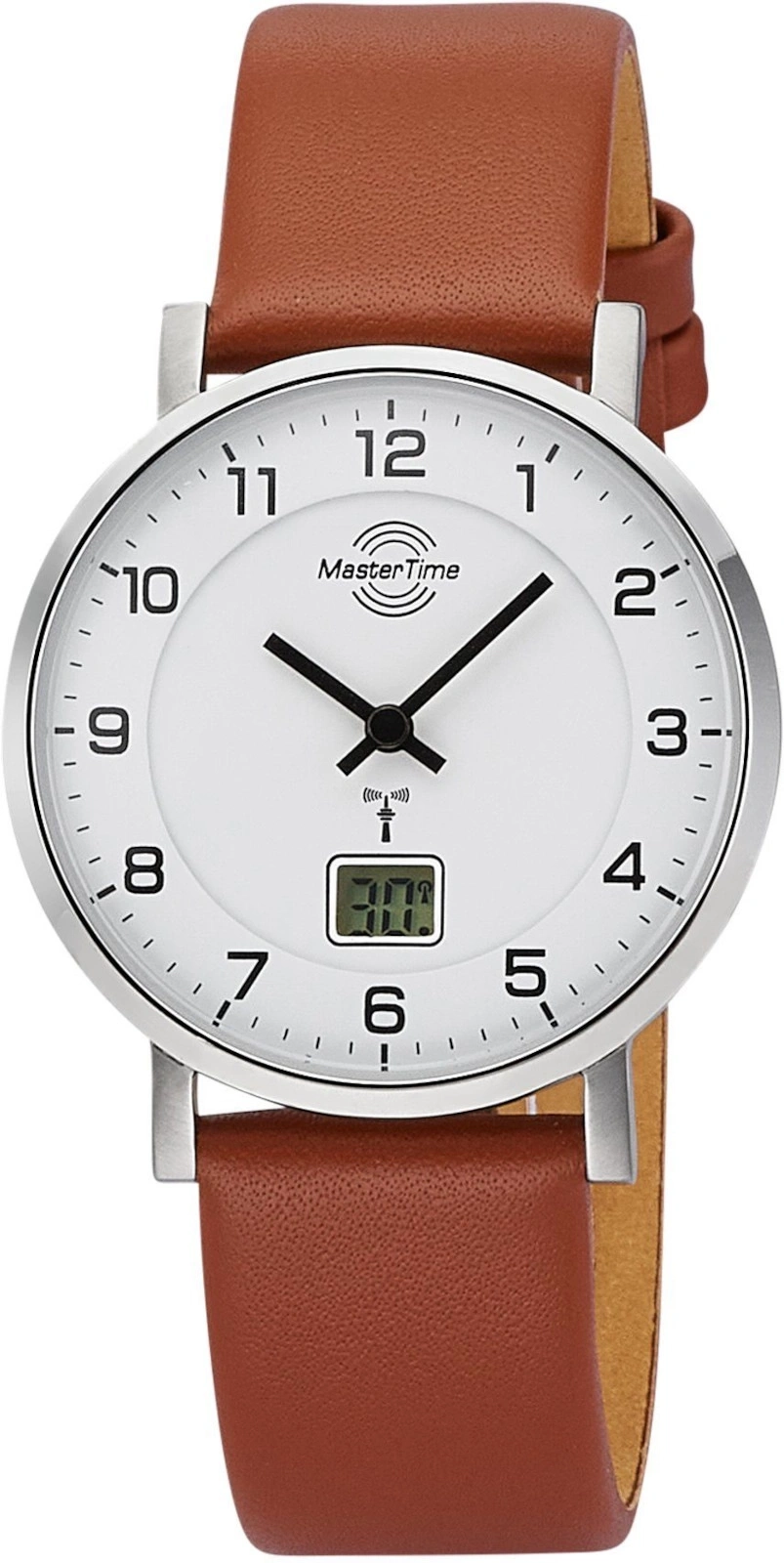 Herrenuhr mit braunem Lederarmband und weißem Zifferblatt