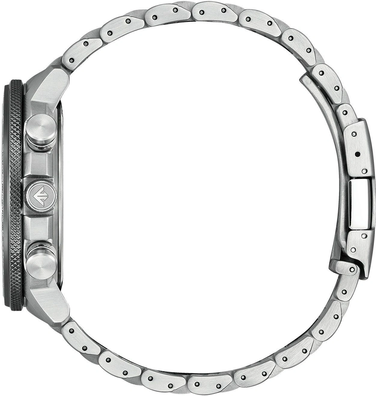 Seitenansicht einer silbernen Armbanduhr mit Metallarmband