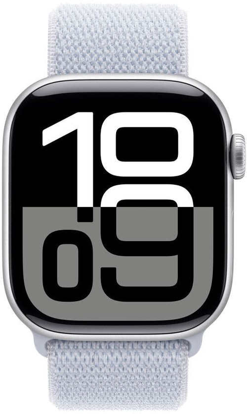 Apple Watch mit hellgrauem Armband, zeigt die Uhrzeit 19:09