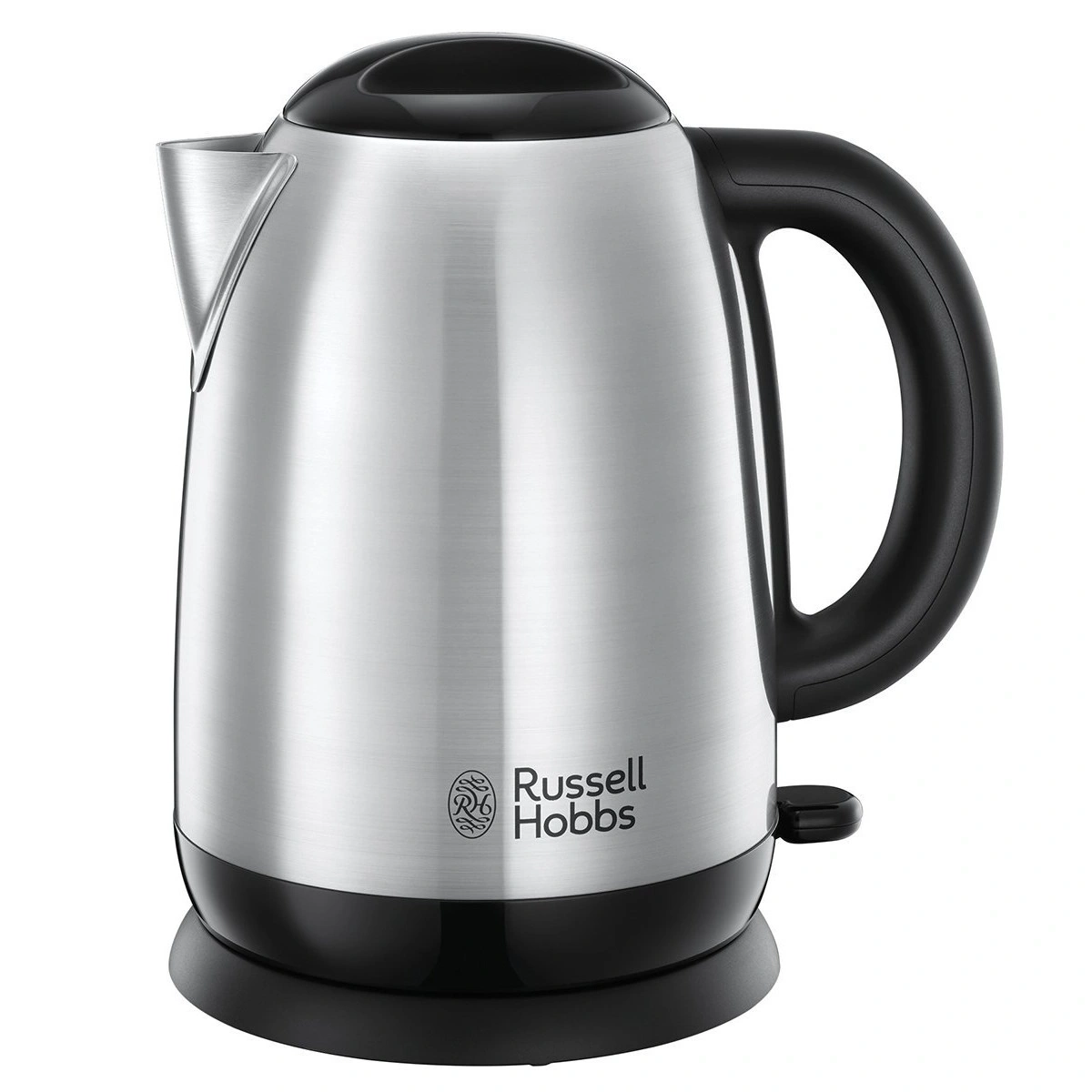Ein Russell Hobbs Wasserkocher aus gebürstetem Edelstahl mit schwarzem Griff und Deckel.