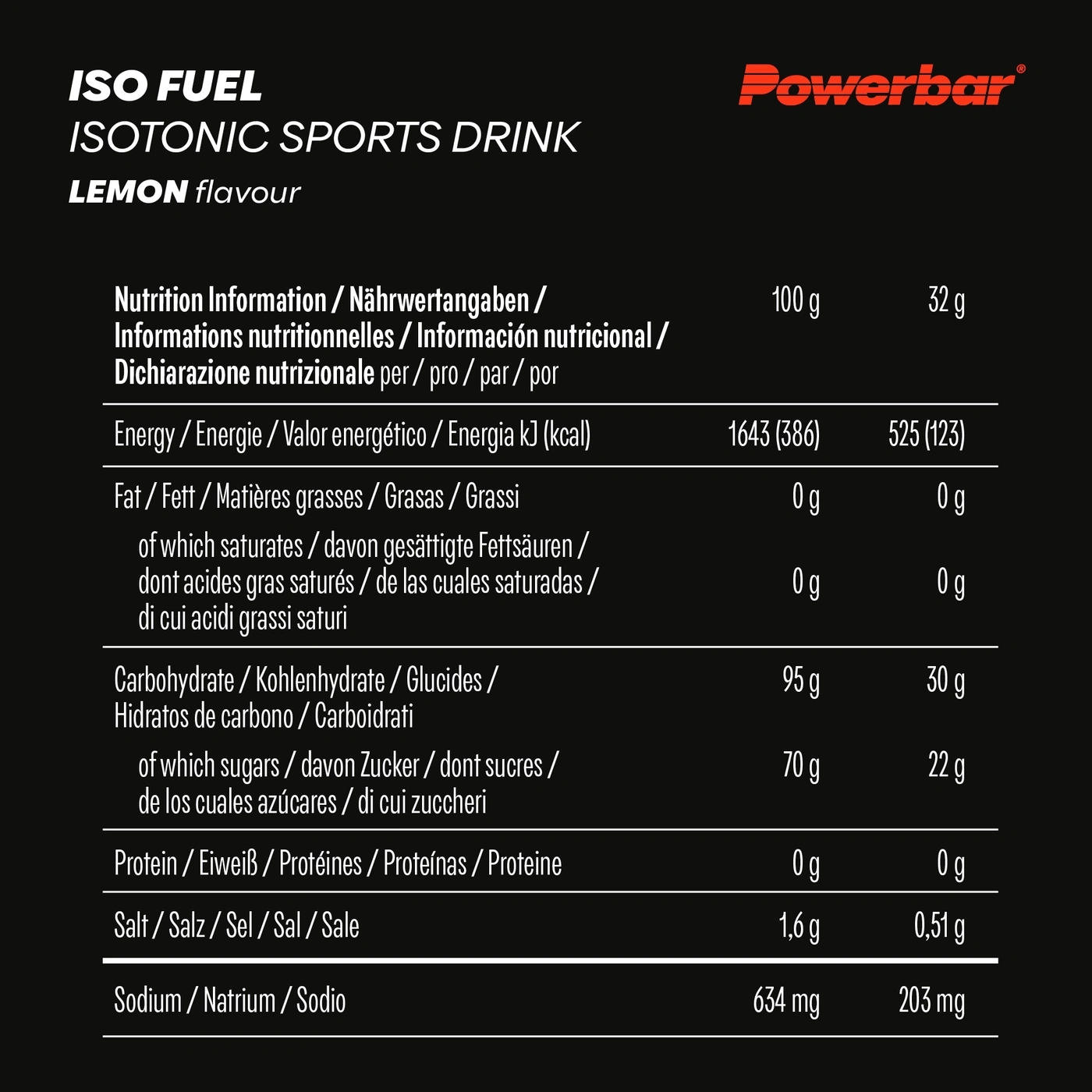 Nährwertangaben für Powerbar Iso Fuel Limonengeschmack, 100g und 32g