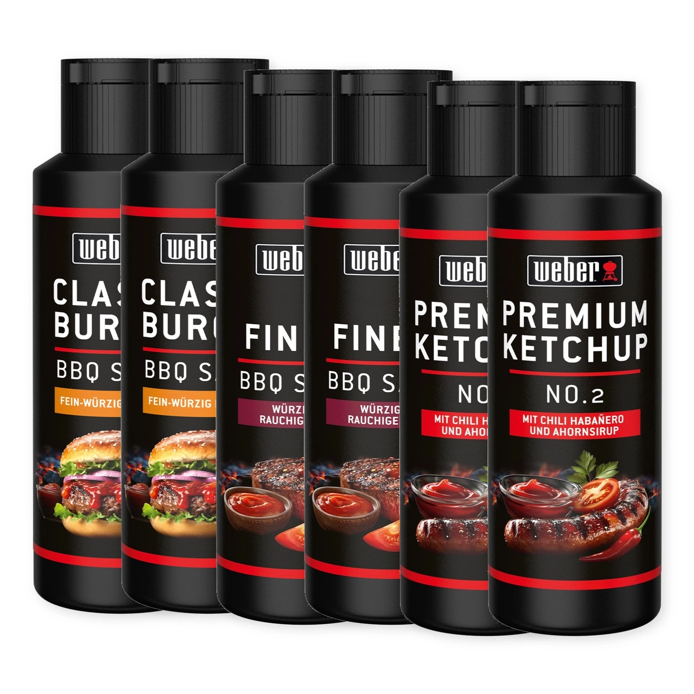 Sechs Flaschen Weber BBQ-Soße und Ketchup in unterschiedlichen Sorten und Geschmacksrichtungen.
