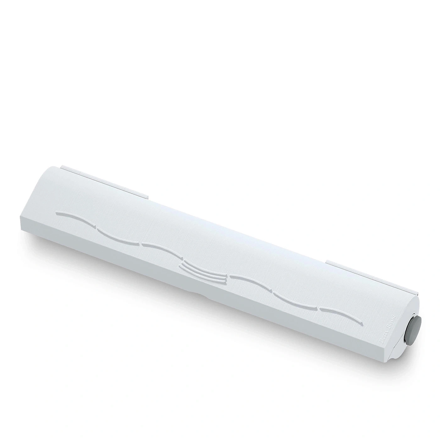 Weißes Küchenutensil mit wellenförmigen Linien und einem grauen Knopf.  