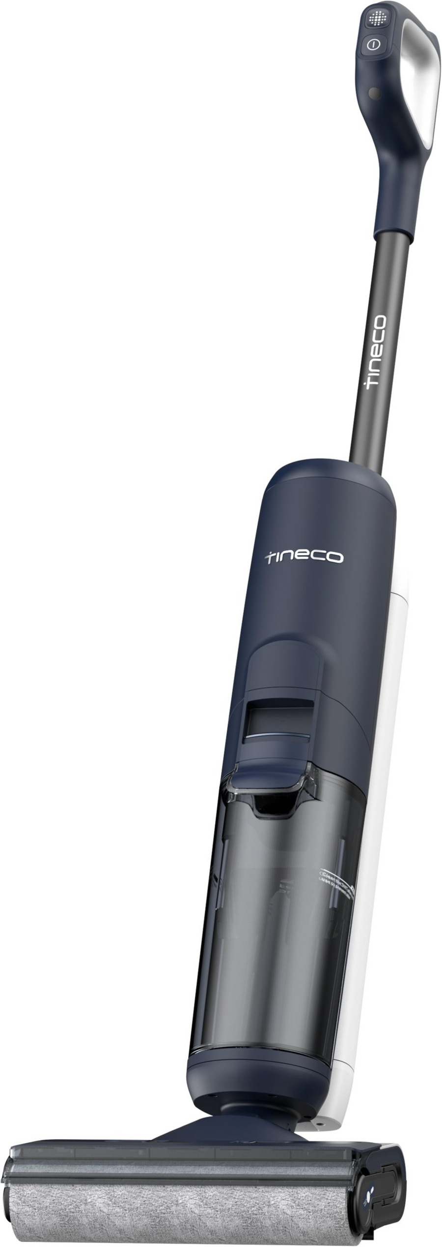 Tineco Staubsauger, blau-weiß, mit Bedienfeld und Walze für die Reinigung von Böden.