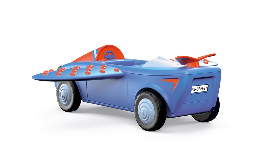Blaues Spielzeugauto mit Flügeln und Aufschrift 33-BREEZY auf weißem Hintergrund