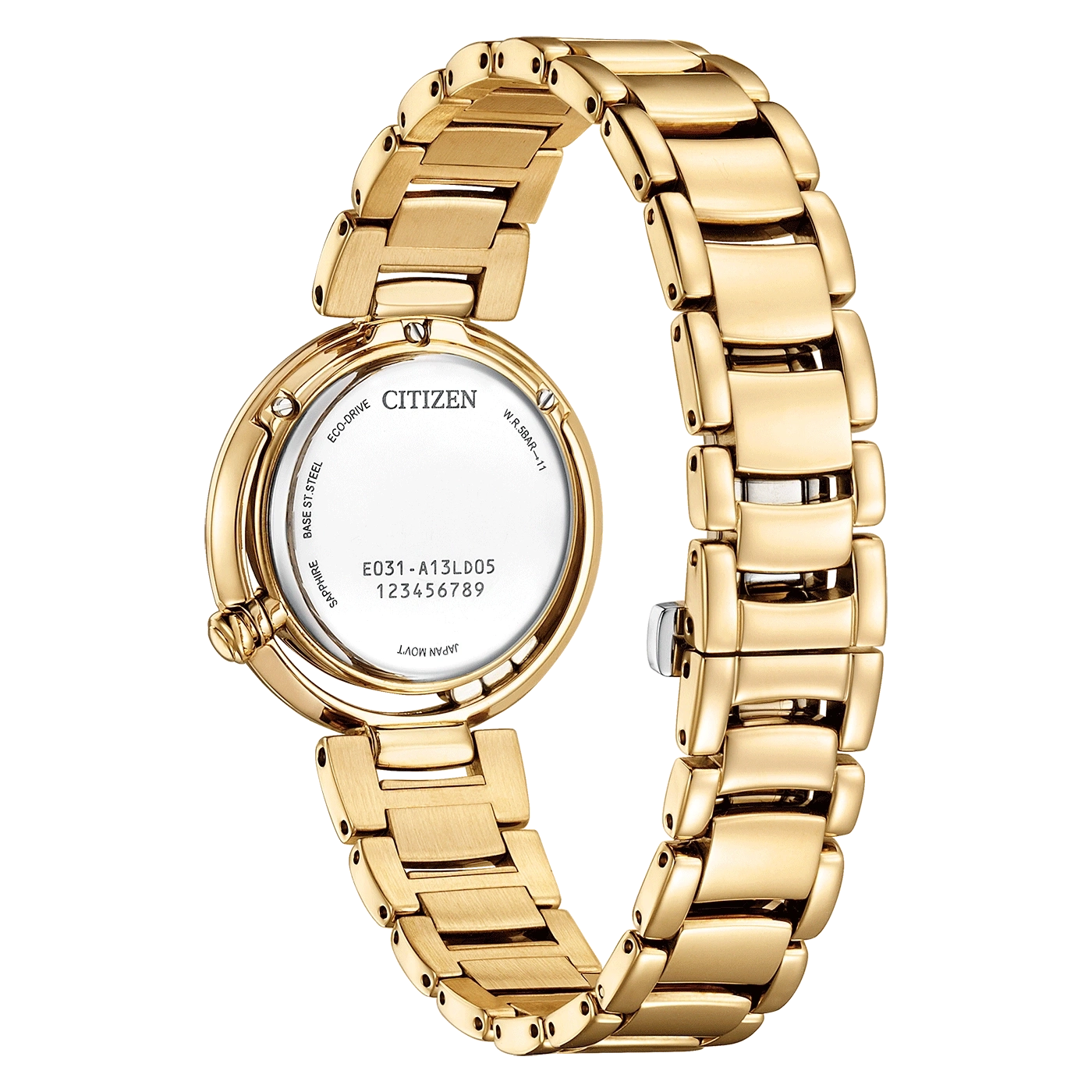 Goldene Citizen-Uhr, Rückseite mit Details, Eco-Drive, Saphirglas, japanisches Uhrwerk.