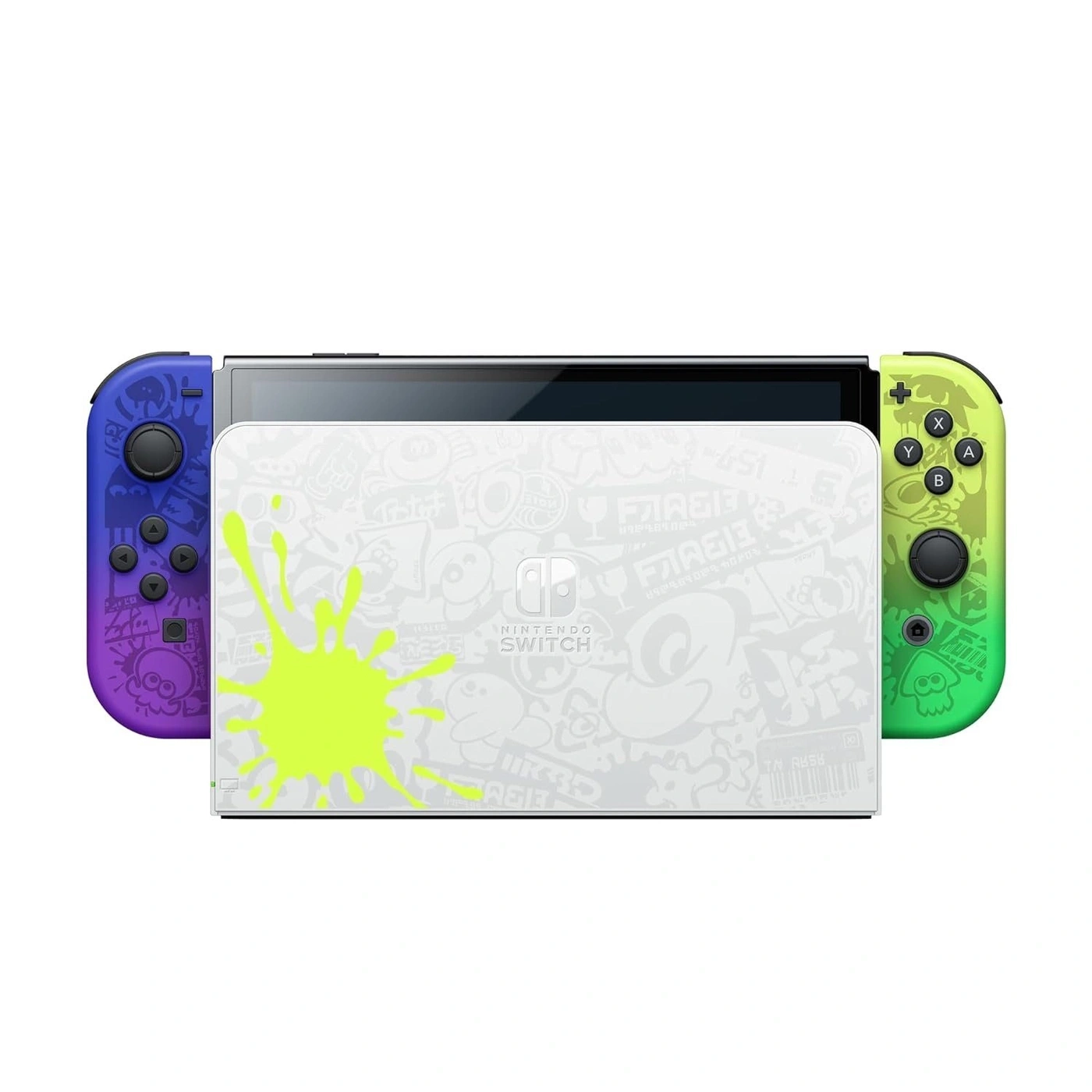 Ein Nintendo Switch mit bunten Joy-Cons und Splatoon-Design.
