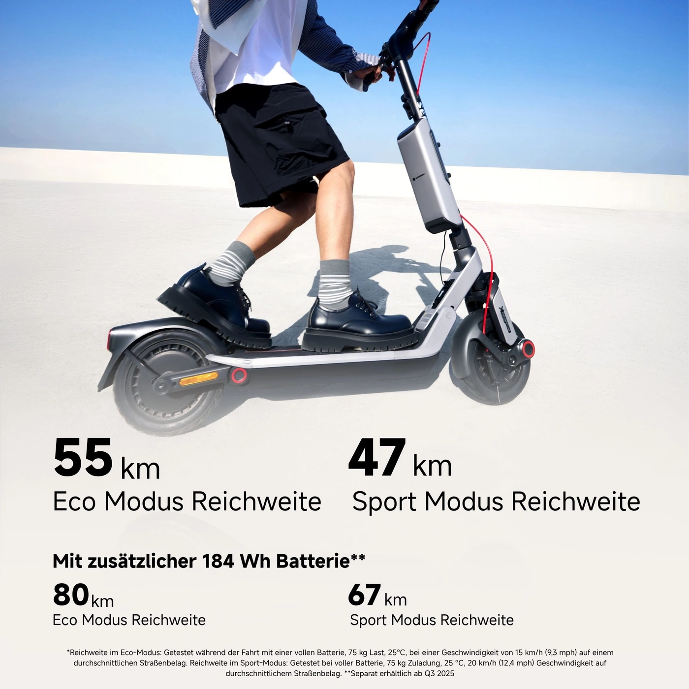 Elektroroller mit Angabe der Reichweite in km im Eco- und Sportmodus.