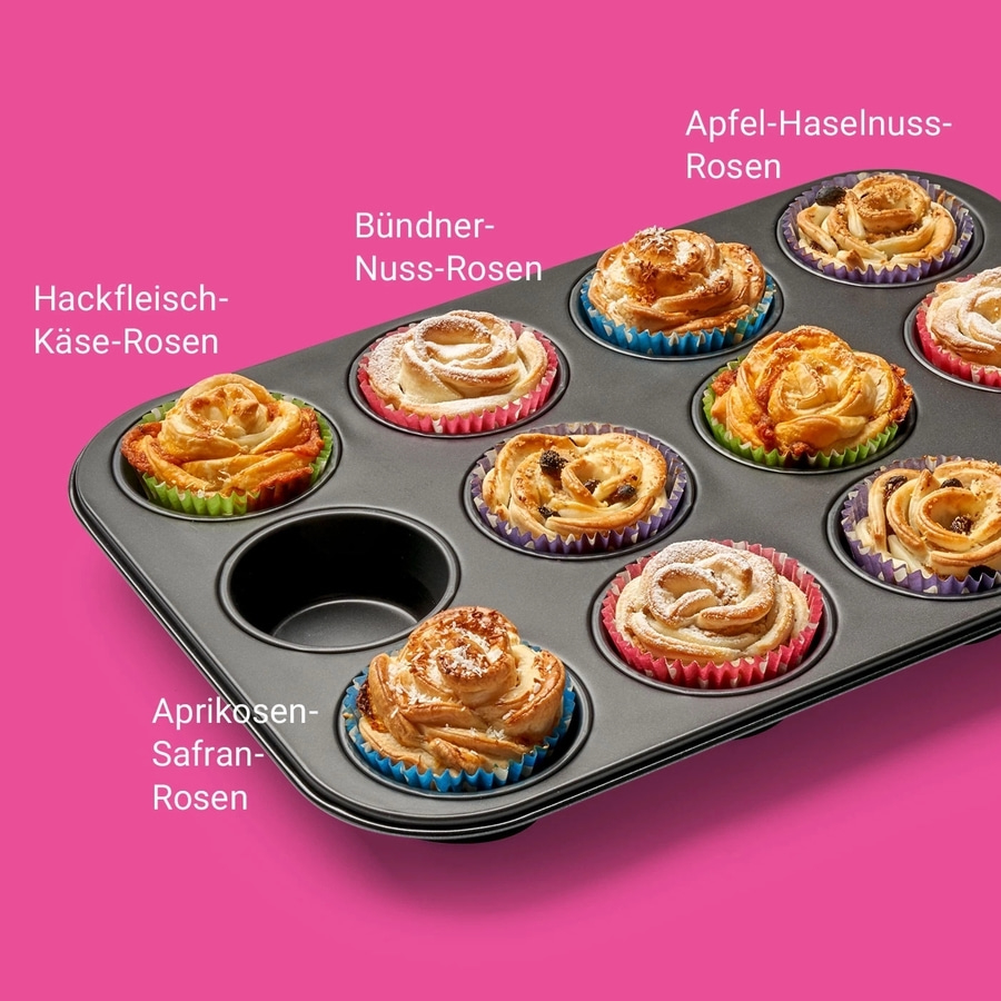 Backform mit Rosengebäck: Hackfleisch, Nuss, Aprikosen, Apfel-Haselnuss, Käse, Safran.