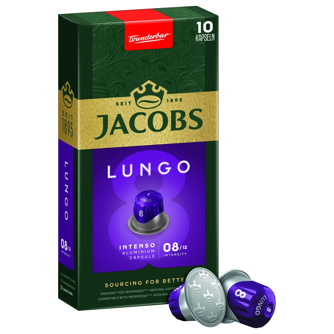 Jacobs Lungo Kaffeekapseln, 10 Kapseln, Intensität 8, Aluminium Kapsel, Wunderbar