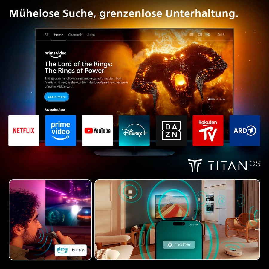 Smart-TV mit Apps, Alexa, Titan OS, Prime Video, Netflix, YouTube, Disney+, Rakuten TV, ARD.
