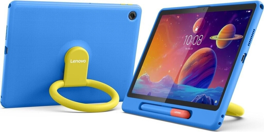 Ein blaues Lenovo Tablet mit einem gelben Griff und Ständer.