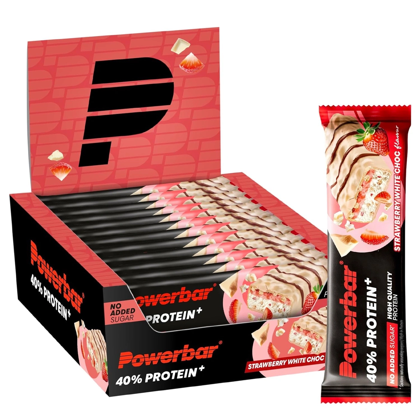 Eine Schachtel mit Powerbar Riegeln, ein Riegel daneben.