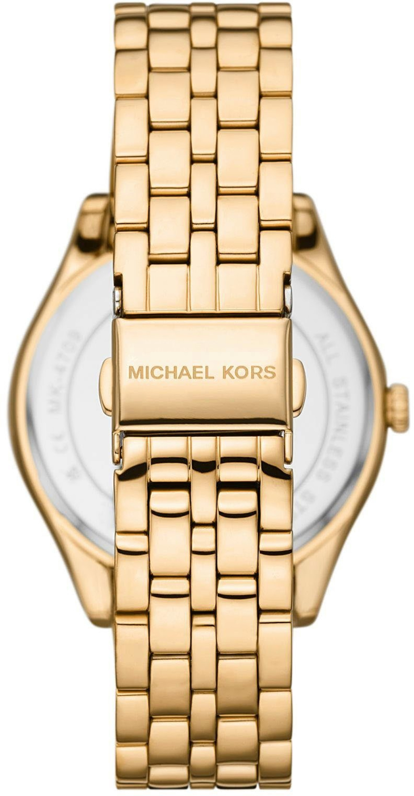Goldene Michael Kors Uhr, Nahaufnahme des Armbands und der Schließe, Detailaufnahme