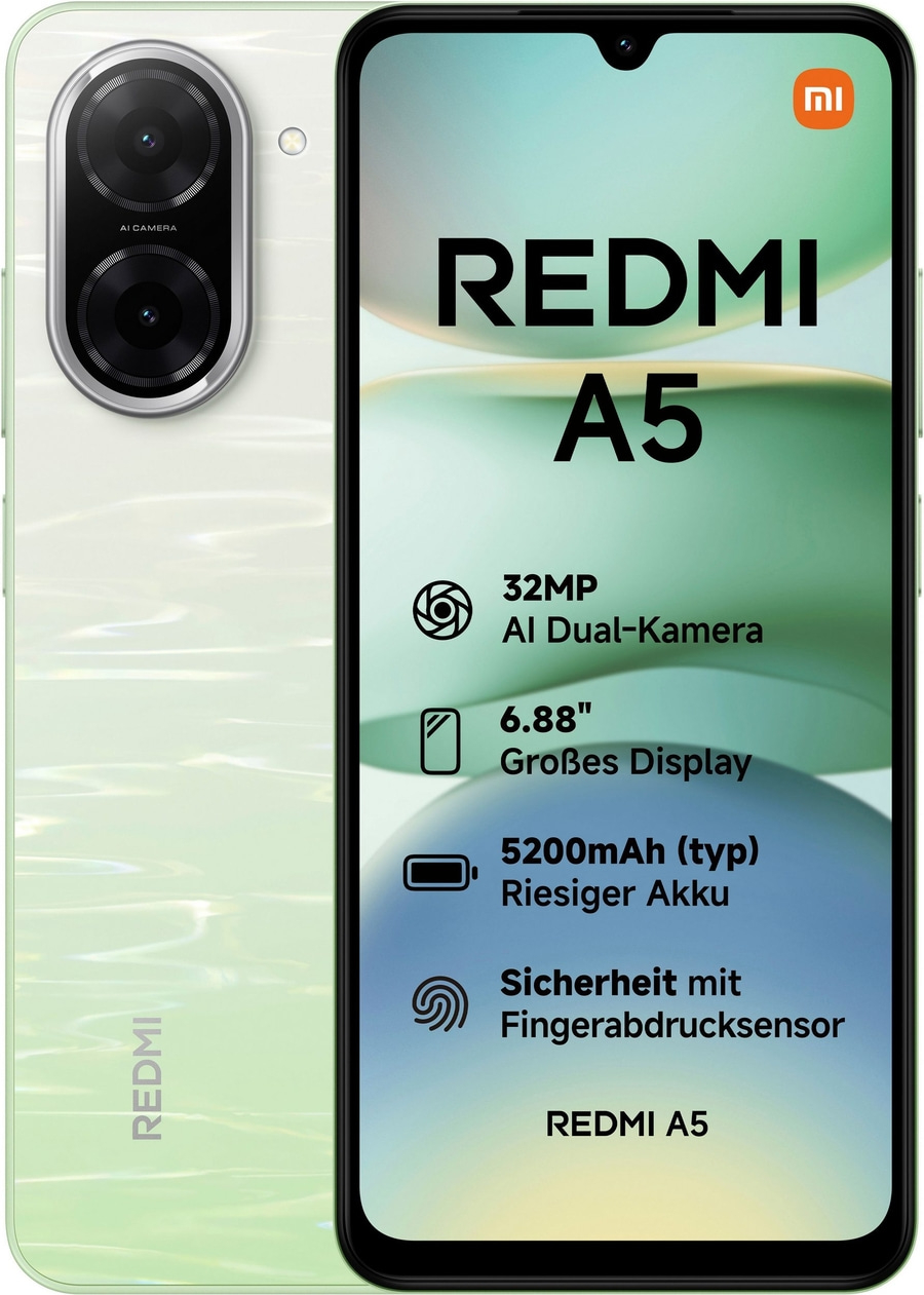 Ein hellgrünes Redmi A5 mit prominenten Kamera- und Akku-Spezifikationen.