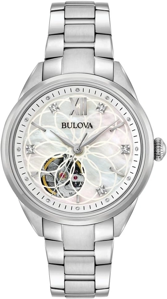 Silberne Bulova-Uhr mit floralem Zifferblatt und freiliegendem Uhrwerk