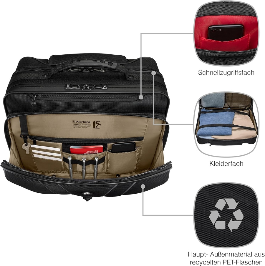 Wenger Tasche mit Schnellzugriffsfach, Kleiderfach und recyceltem Material.