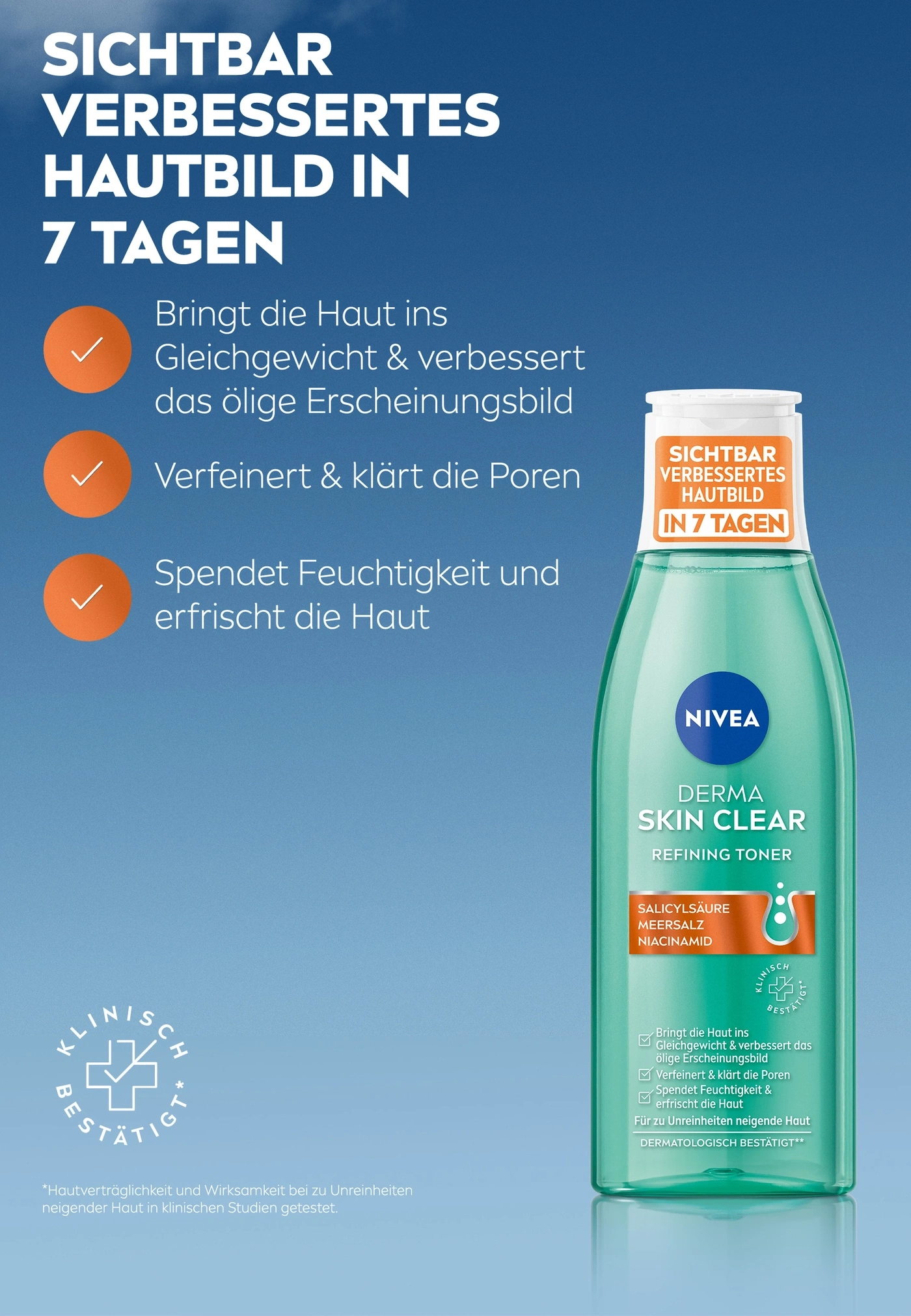 NIVEA Derma Skin Clear Refining Toner für verbesserte Haut, mit Salicylsäure, Meersalz und Niacinamid. Für unreine Haut.