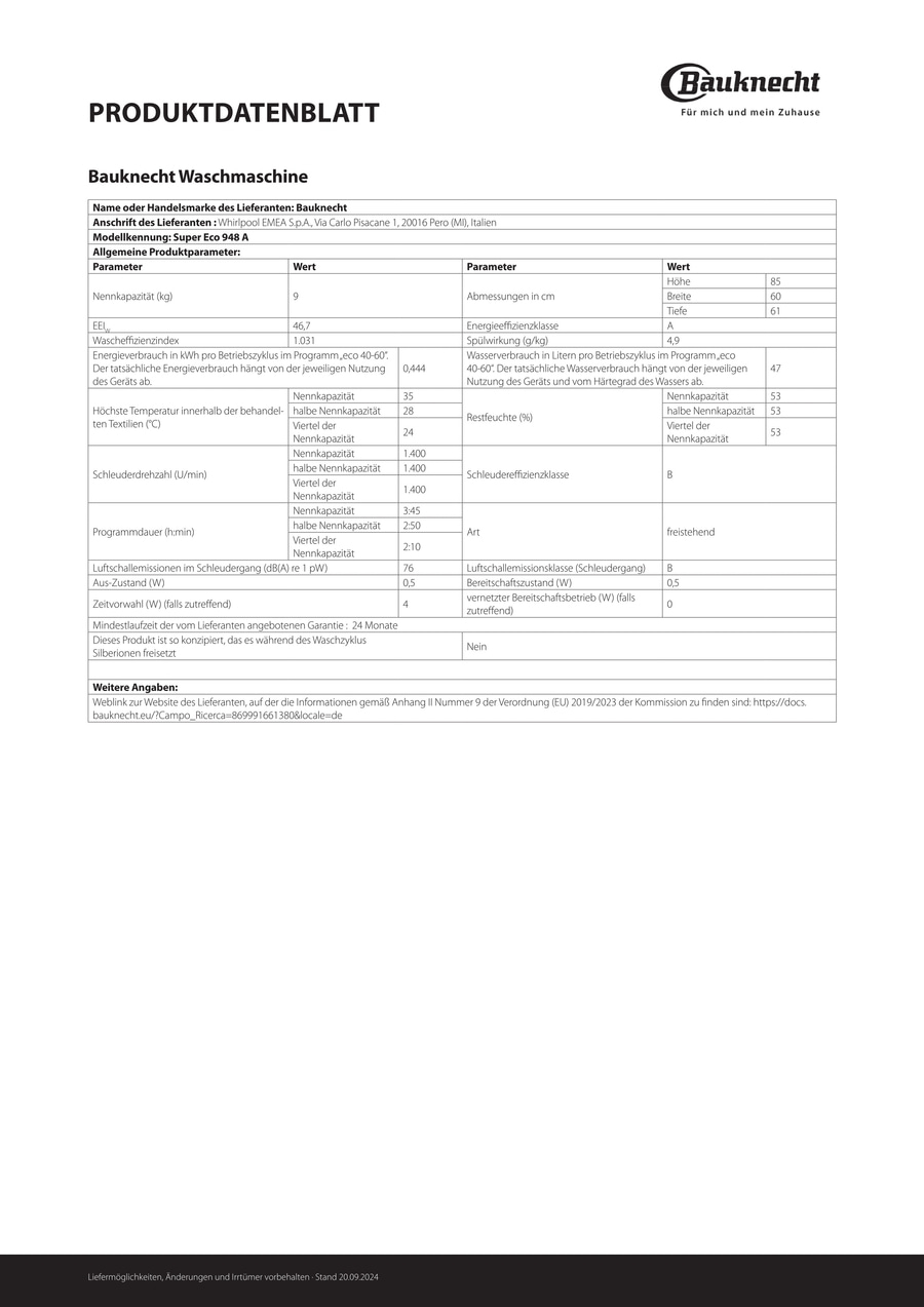 BAUKNECHT Waschmaschine Super Eco 948 A Frontlader 9kg Kapazität weiß B-WARE