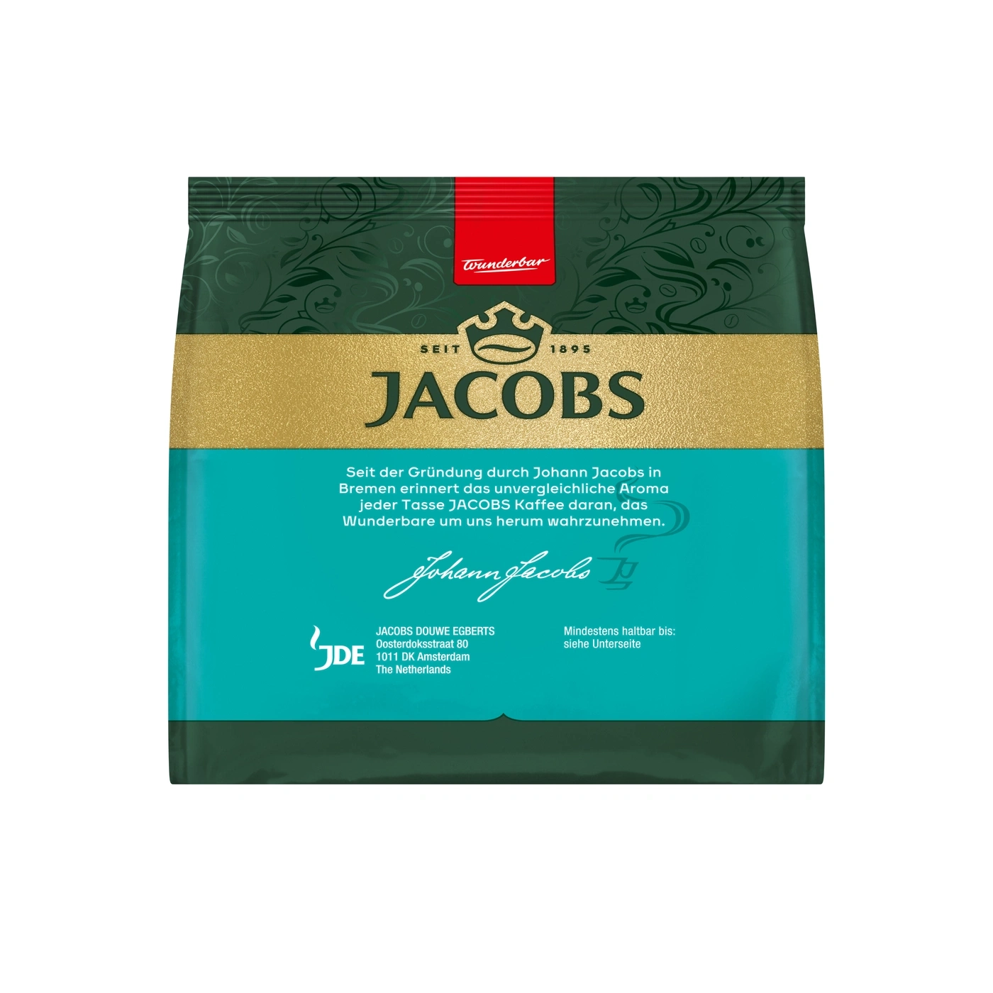 Jacobs Kaffee Pouch mit floralem Muster und goldenem Akzent