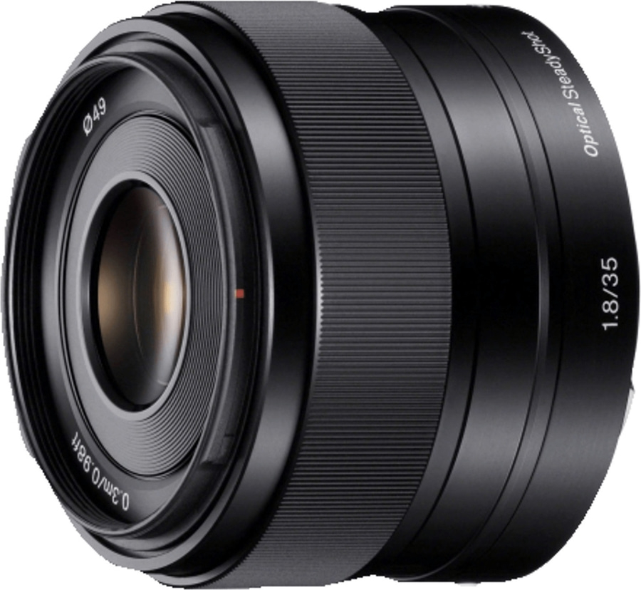 Ein schwarzes Kameraobjektiv mit den Markierungen 049, 0.3m/0.98ft, 1.8/35 und Optical SteadyShot.