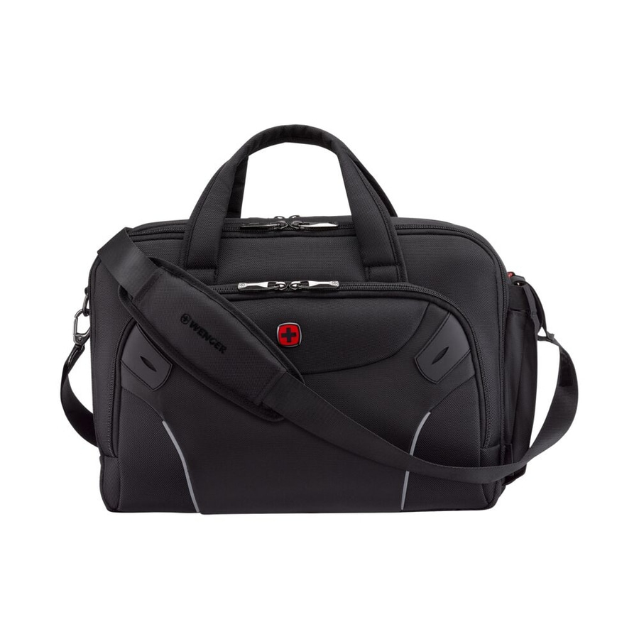 Schwarze Aktentasche mit Schultergurt und Logo. Wenger-Marke.