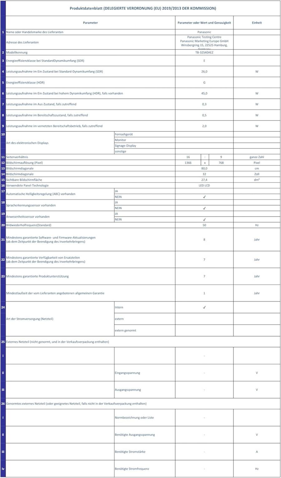 PANASONIC Fernseher 32 Zoll 720p HD LED Smart TV TB-32S40AEZ HDR WLAN HDMI