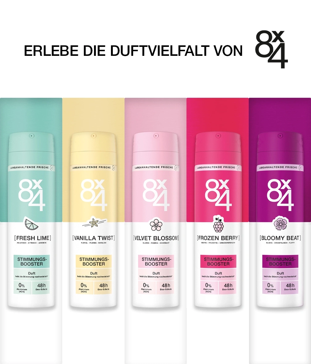 Fünf OX84 Deodorant-Dosen mit Zitrus-, Vanille-, Blumen-, Beeren- und blumigen Düften.