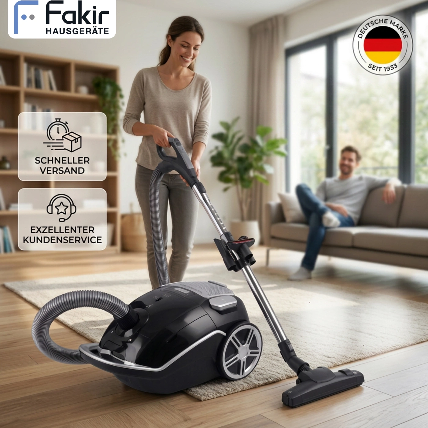 Fakir Hausgeräte Staubsauger mit Zubehör und Logo.