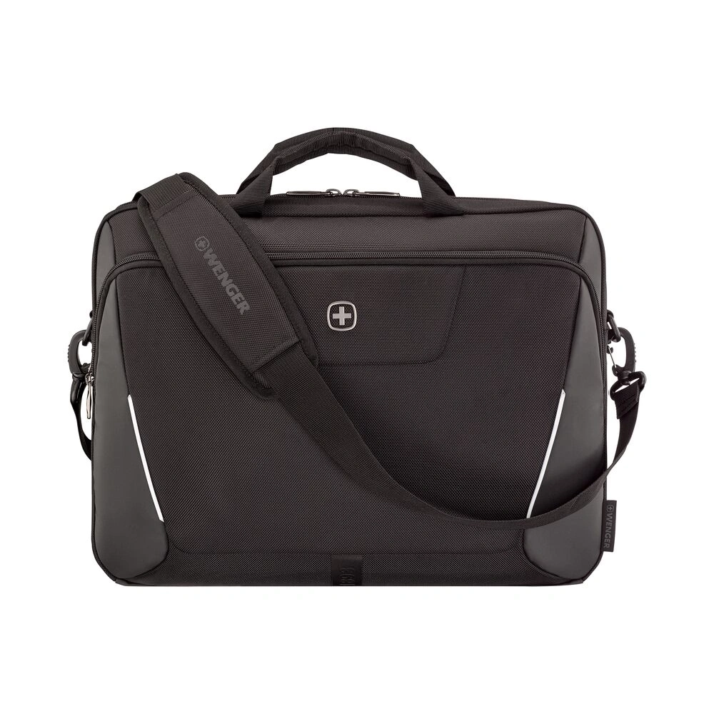 Schwarze Laptoptasche von Wenger mit Schultergurt und Logo, ideal für den Transport.
