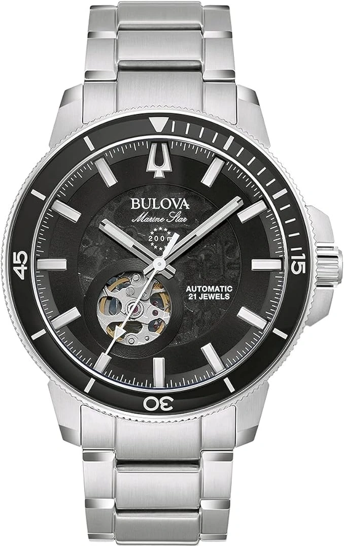 Bulova Marine Star Herrenuhr, Automatik, 21 Jewels, schwarzes Zifferblatt, Edelstahlarmband