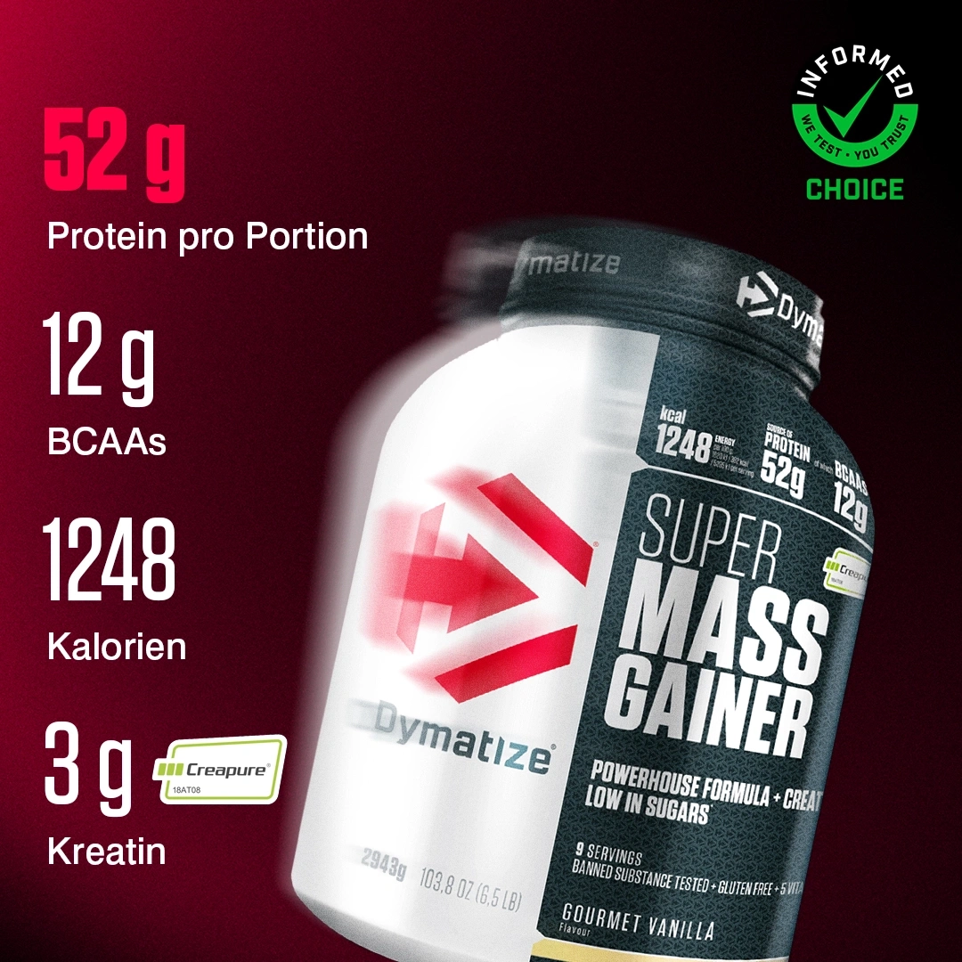 Dymatize Super Mass Gainer Proteinshake mit 52g Protein, 12g BCAAs, 1248 Kalorien und 3g Kreatin pro Portion.