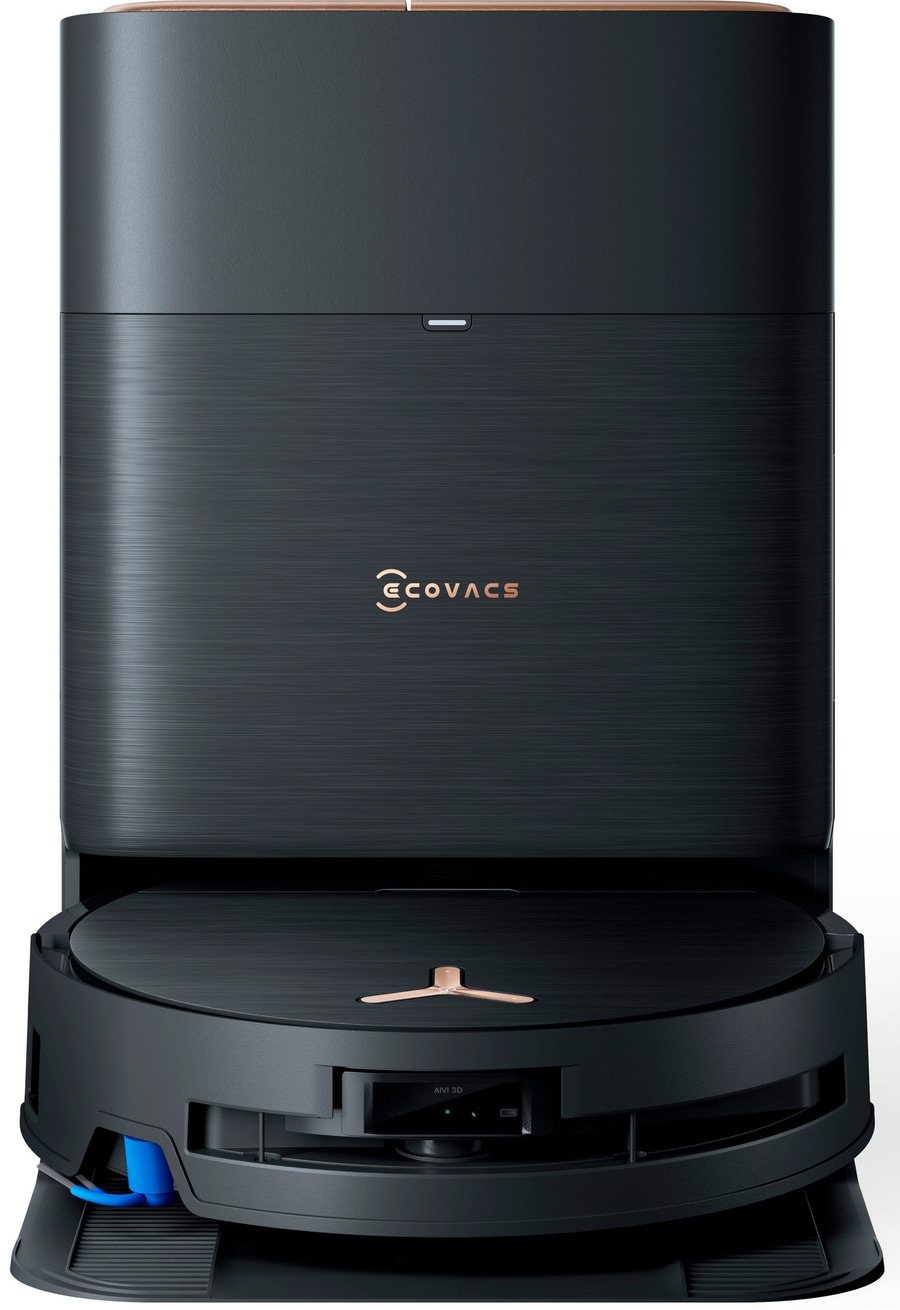 Schwarzer Roboter-Staubsauger mit goldenen Akzenten und ECOVACS-Logo, modern