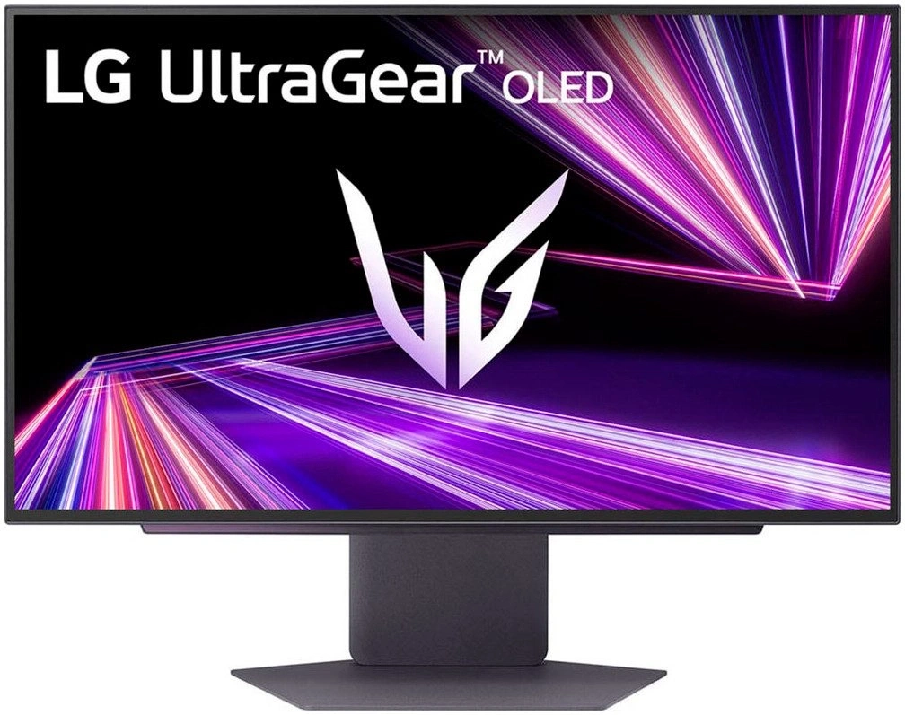 LG UltraGear OLED Monitor mit lila Lichteffekten und Standfuß