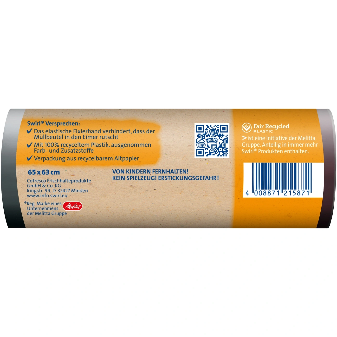 Swirl Müllbeutel Verpackung mit Versprechen, Abmessungen, Warnhinweis und Barcode.