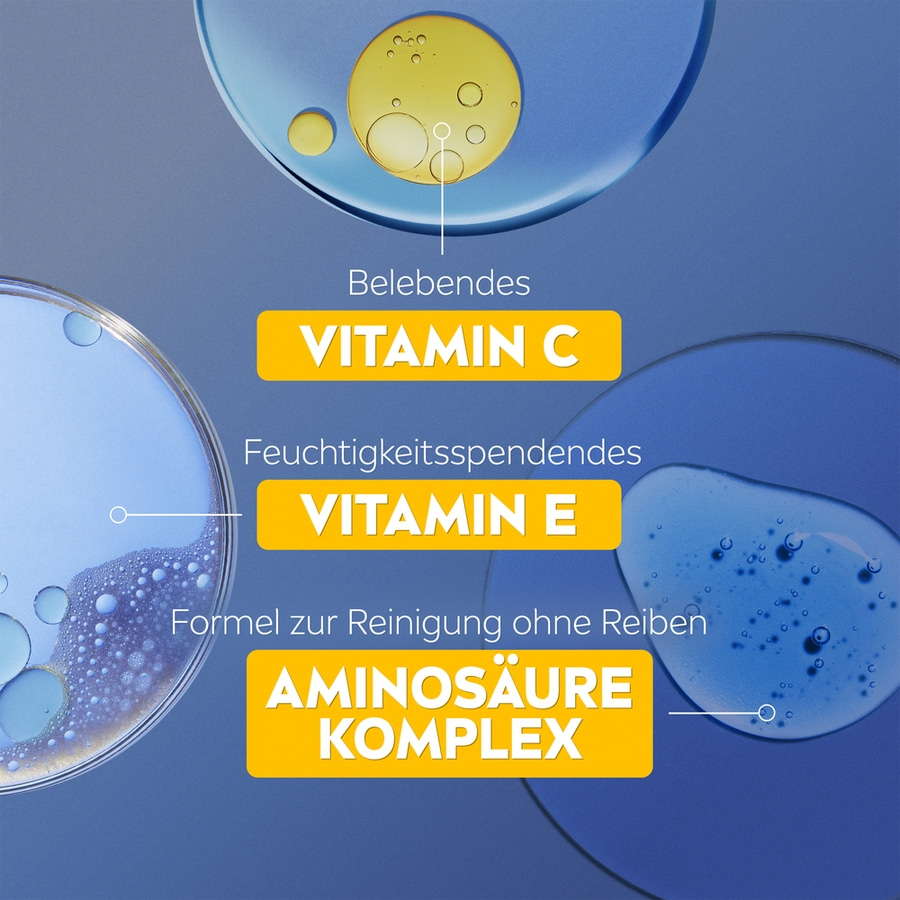 Kosmetikprodukt mit Vitamin C, E und Aminosäuren-Komplex, gelb markiert.