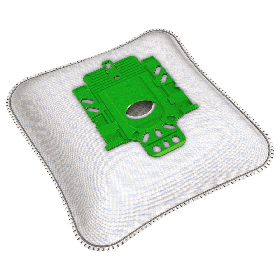 Staubsaugerbeutel mit grünem Kunststoffteil und weißem Stoff