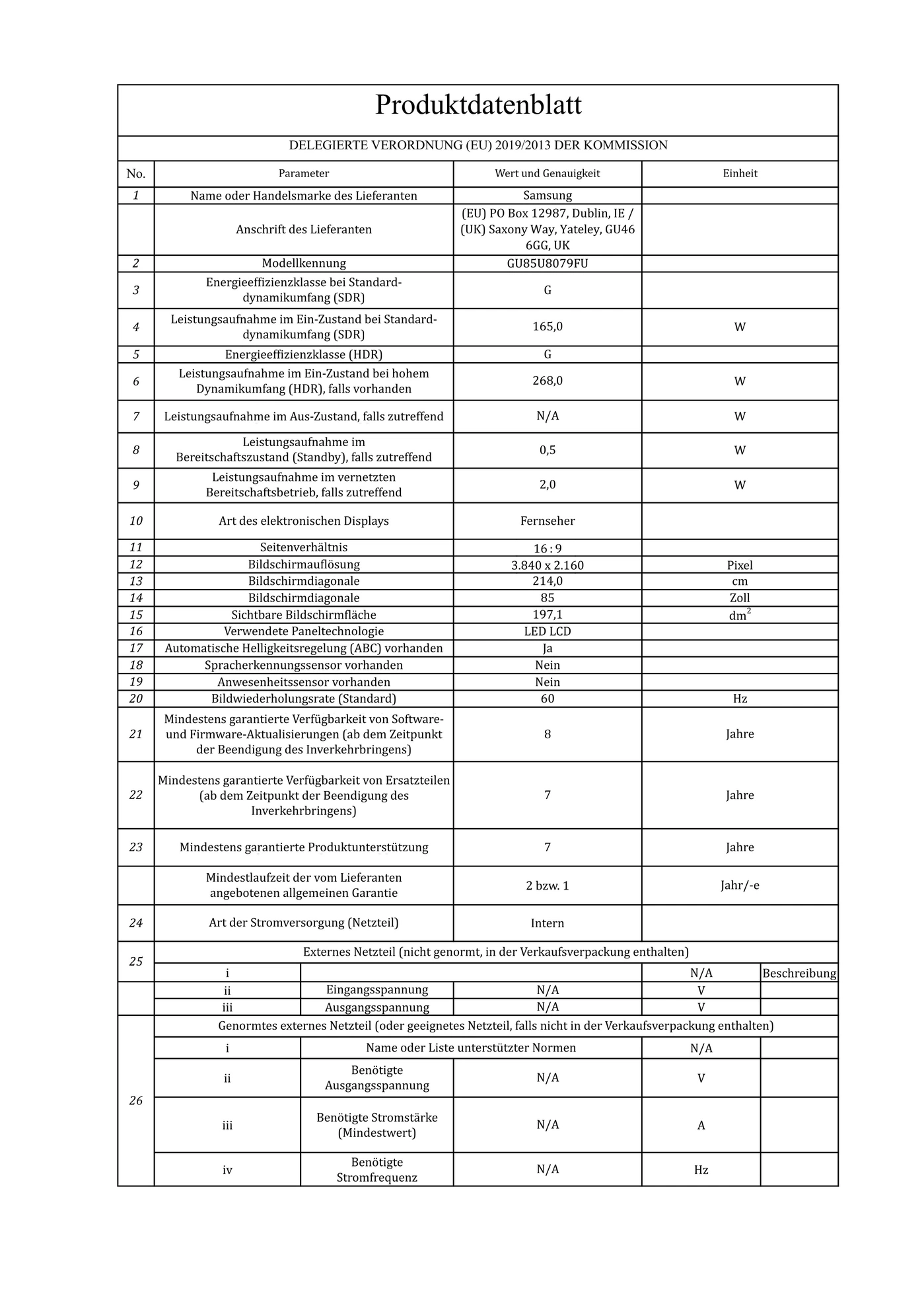Produktdatenblatt der EU-Verordnung 2019/2013 für einen Samsung Fernseher mit detaillierten technischen Spezifikationen und Energieeffizienzangaben.