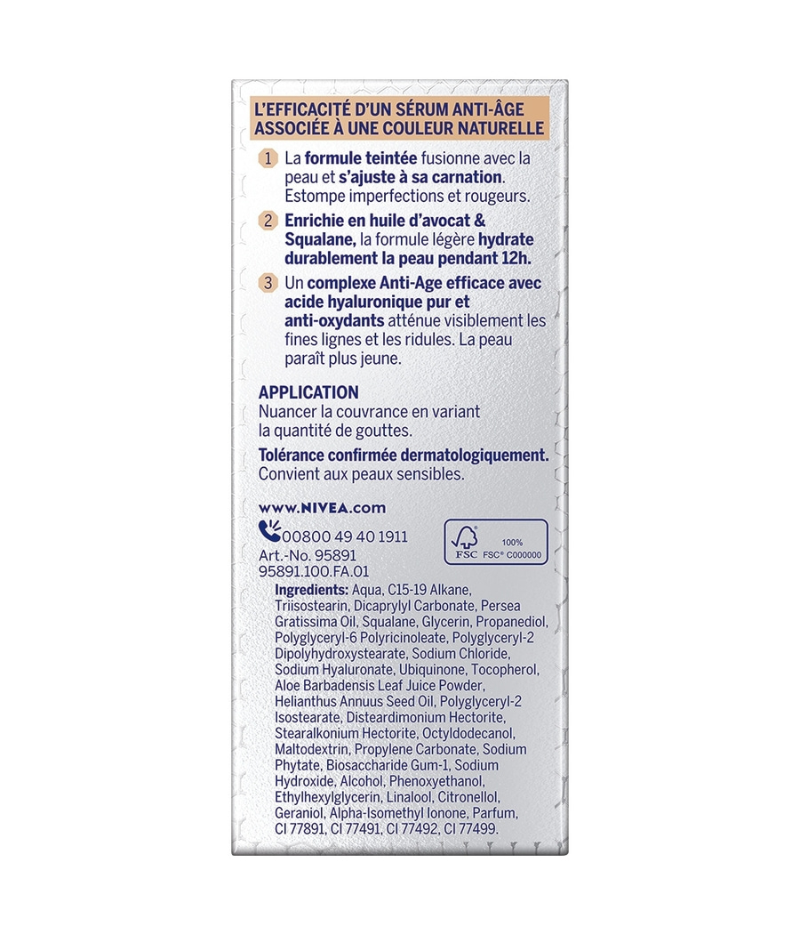 Nivea Anti-Age Serum mit natürlicher Farbe, Text und Inhaltsstoffe.
