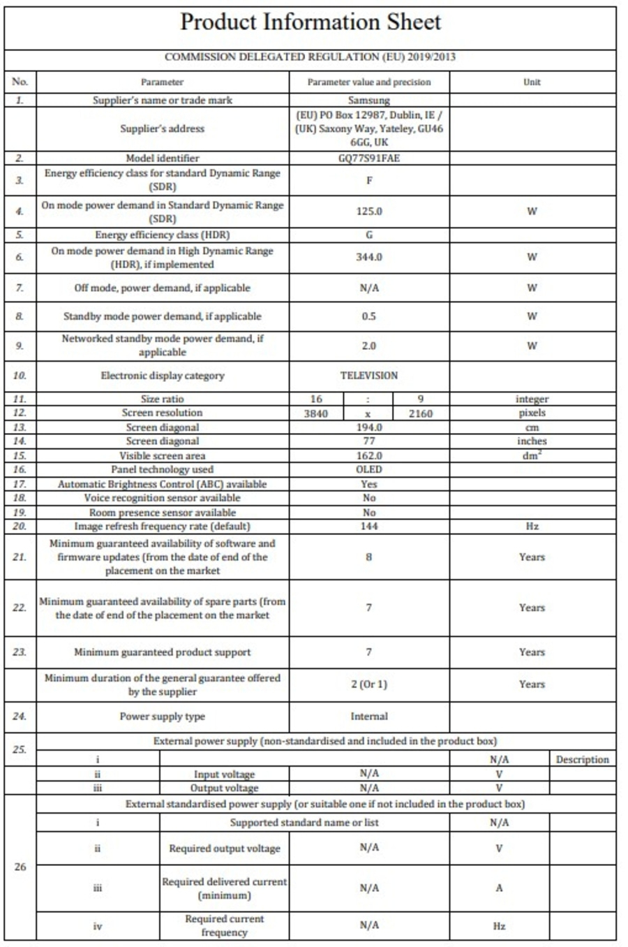 Produktinformationsblatt für einen Fernseher mit technischen Details.