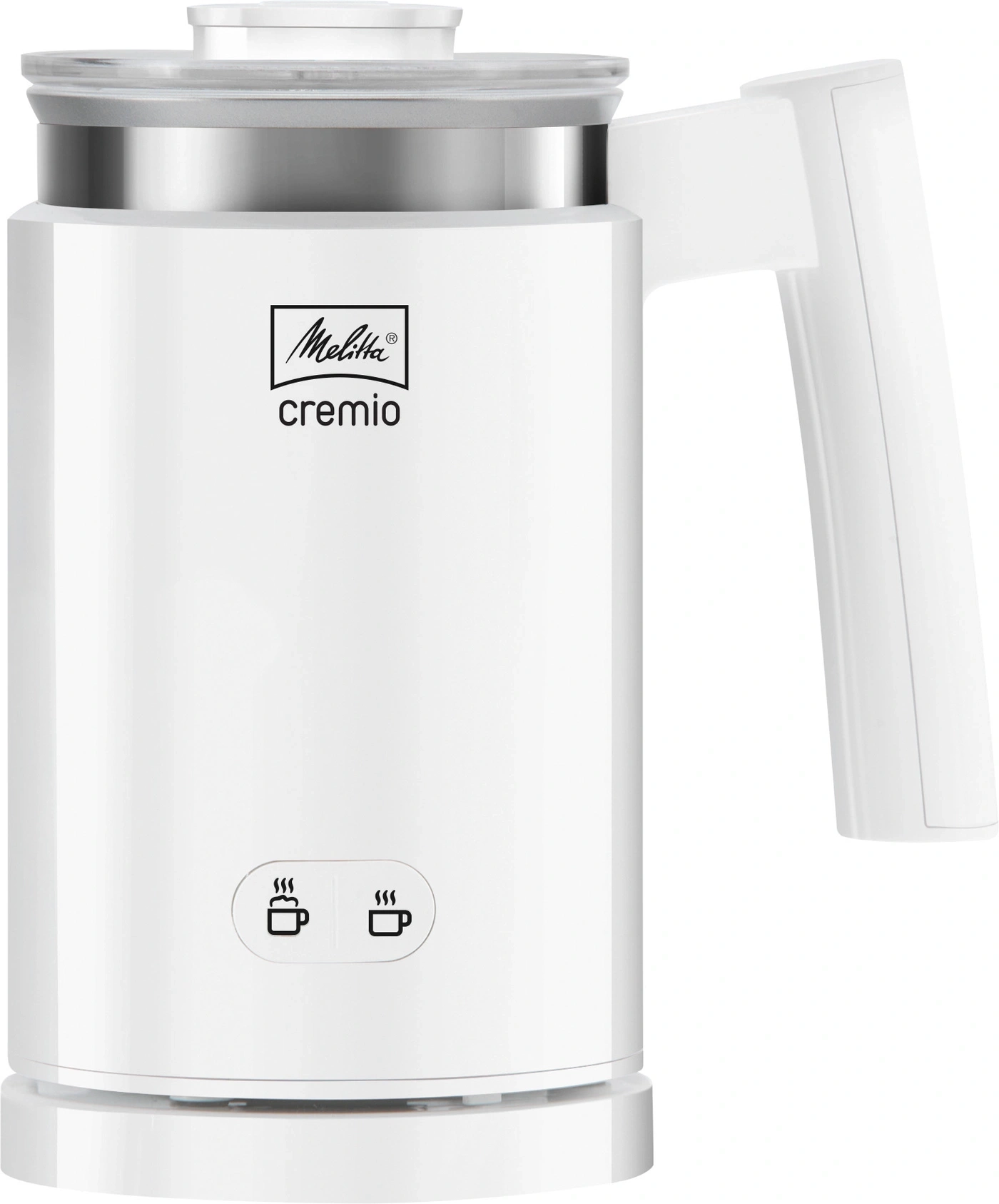 Weißer Melitta Cremio Milchaufschäumer mit Griff und Tasten für Kaffeezubereitung