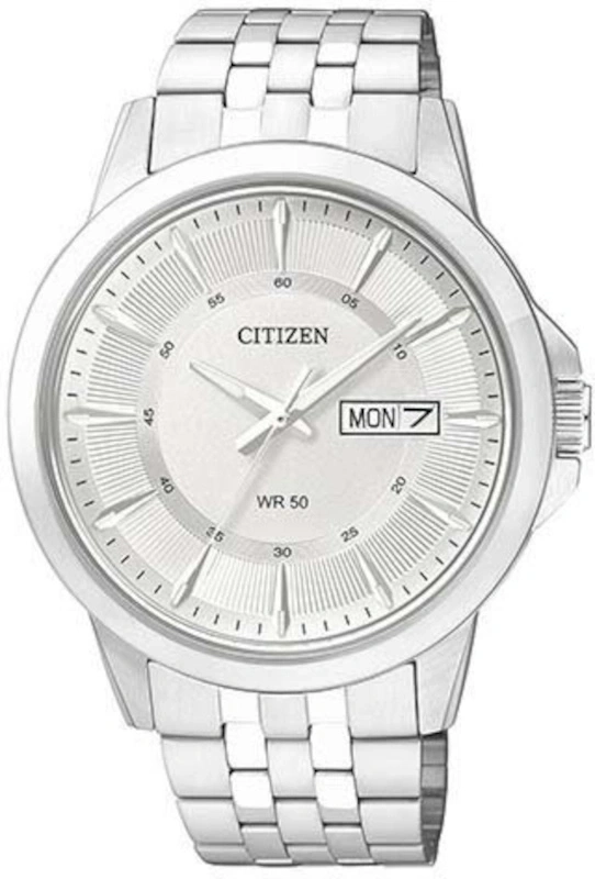 Silberne Citizen Armbanduhr mit weißem Zifferblatt und Datumsanzeige.