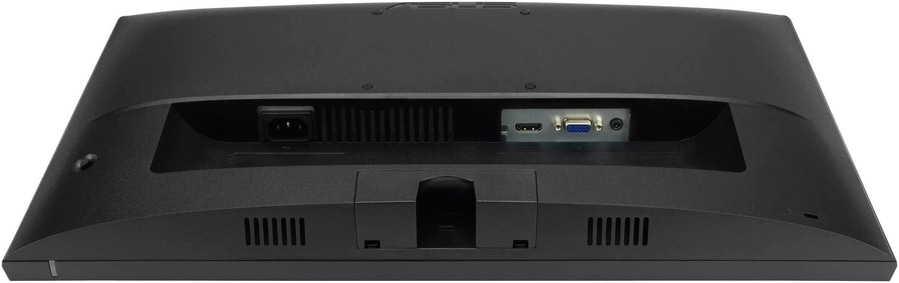 Rückseite eines schwarzen Monitors mit Anschlüssen und Stromanschluss.