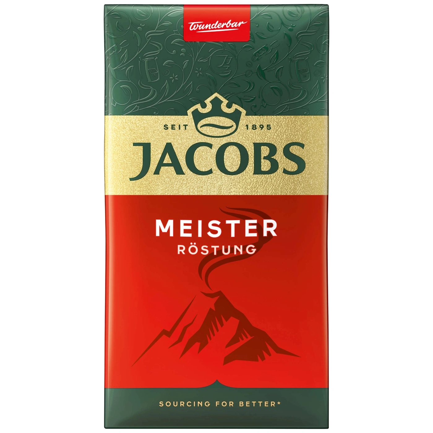 Jacobs Meister Röstung Kaffeepackung. Roter Hintergrund mit Bergmotiv. Wunderbar-Logo.