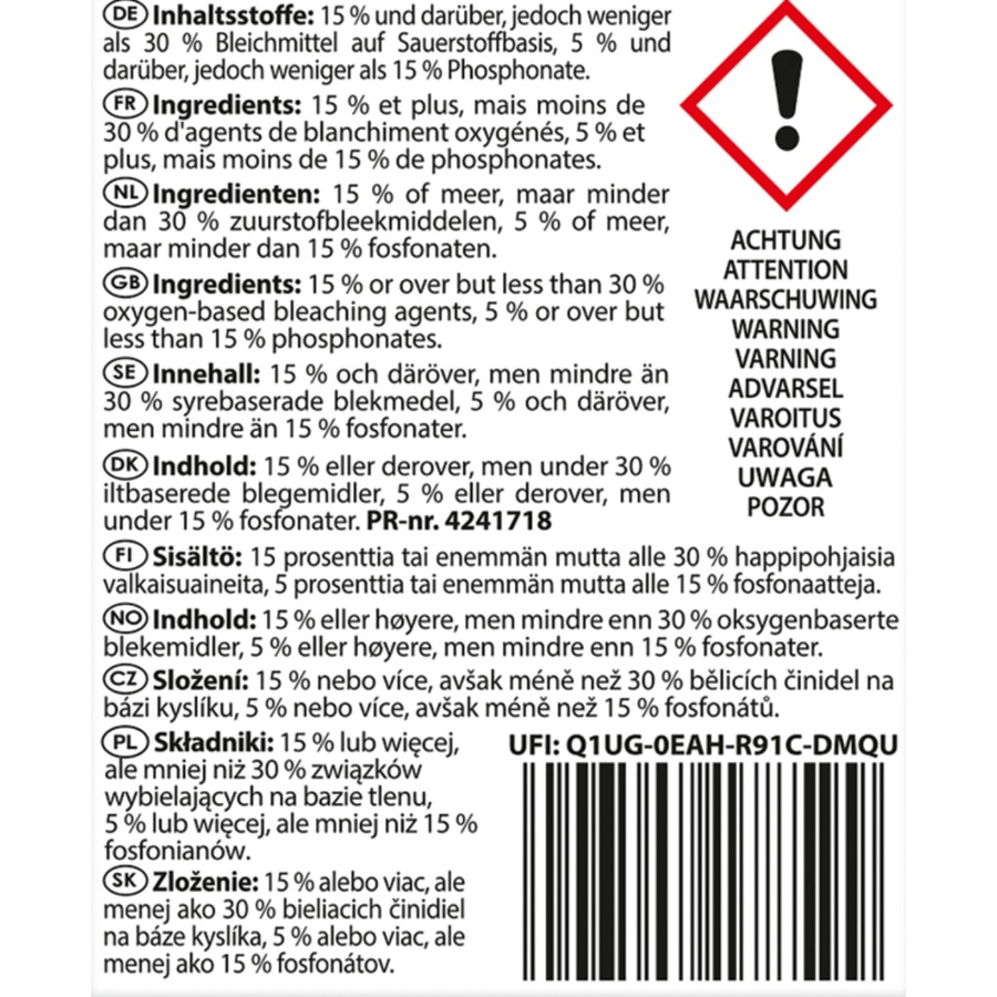 Inhaltsstoffe: 15 % und darüber, jedoch weniger als 30 % Bleichmittel auf Sauerstoffbasis, 5 % und darüber, jedoch weniger als 15 % Phosphonate.