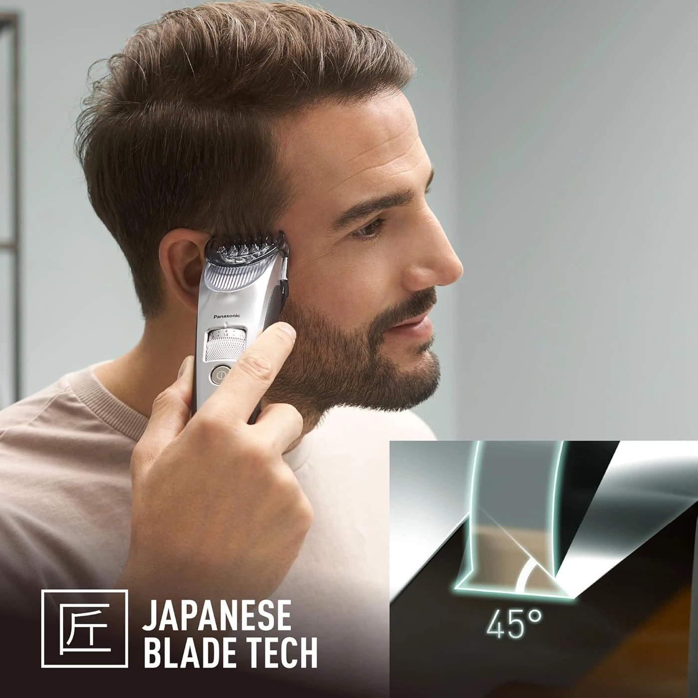 Mann trimmt Bart mit Panasonic Trimmer 45 Grad japanische Klingentechnologie