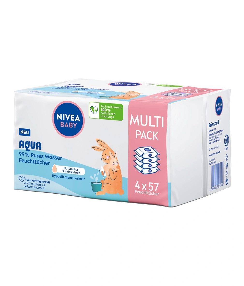 Nivea Baby Feuchttücher Aqua Multipack mit Hasenmotiv, 4 x 57 Stück.