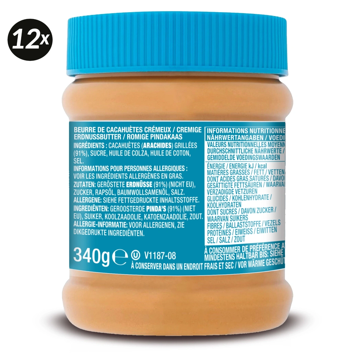 Erdnussbutter-Glas, 12x, Zutaten, Nährwertangaben, Haltbarkeit, kühl und trocken lagern